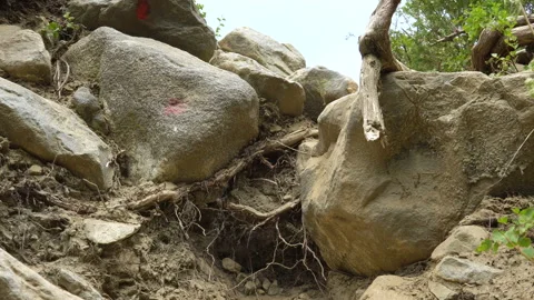 A young tourist descends the mountain path. Video stock 93663381