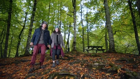 Young traveller couple walking and enjoying the nature Stock Footage 80932953