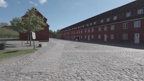 Young tree by the red timber barracks at Kastellet Stock Footage 341289047
