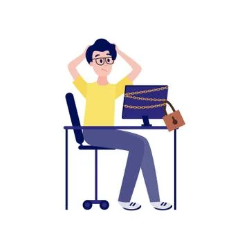 Young upset man sitting at table with chain-bound and locked computer monitor. Stock Illustration