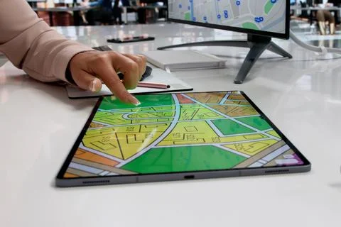 Young Urban Planner Studies Zoning Map On Tablet For City Development. Stock Photos