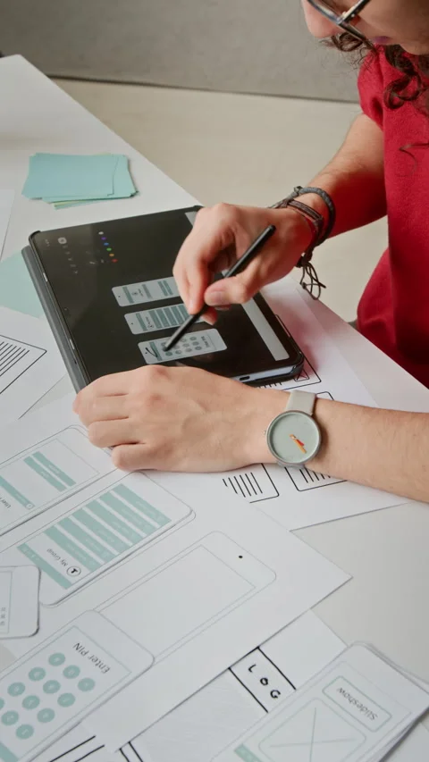 Young User Interface Designer Choosing Wireframes for New App Project Stock Footage 327903194