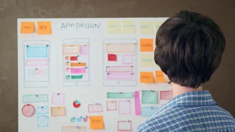 Young UX designer looking at the whiteboard with design layout then turns around Stock Footage