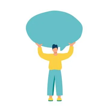 Young vector flat man holding turquoise speech bubble. Concept of announcement Stock Illustration