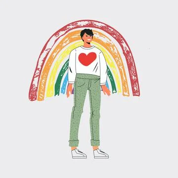 Young volunteer character with rainbow. Give and share your love to people. R Stock Illustration