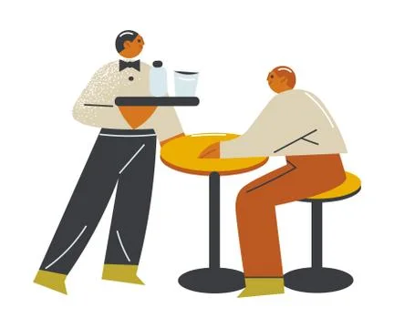 Young waiter serving drinks and food to man guest on open veranda Stock Illustration
