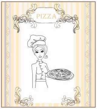 Young waitress with pizza doodle Stock Illustration