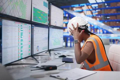 Young Warehouse Worker Uses Computer To Manage Packages Amid Automation Chall Stock Photos