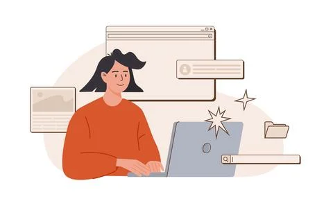 Young web UI UX designer working on laptop. Female freelancer at work creating Stock Illustration