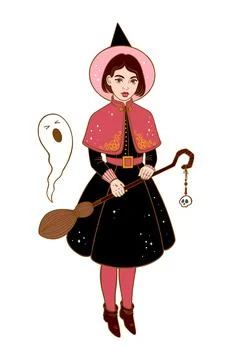 Young witch with broom and ghost halloween illustration Stock Illustration