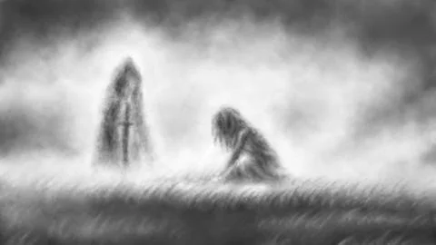 Young witch crying at forgotten grave. Dark silhouettes illustration. Despair Stock Illustration