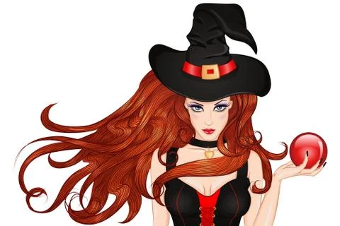 Young witch in a hat with a magic ball in hand Stock Illustration