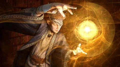 A young wizard with an eye patch and curly hair dressed in a blue robe, in a  스톡 일러스트