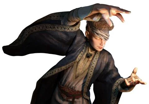 A young wizard with an eye patch and curly hair, dressed in a blue robe, conc Stock-Illustration