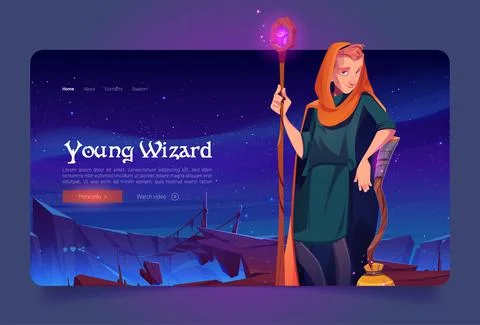 Young wizard with magic staff and broom on rock Stock Illustration