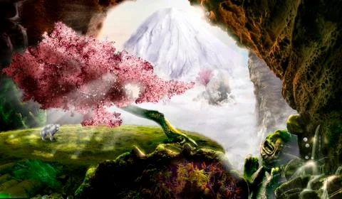 Young wolf under a cherry tree in a mysterious cave with mountains Illustrazione stock