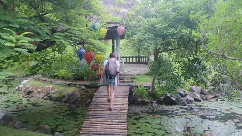Young woman alone exploring walking on trail in tropical jungle Stock Footage 252036643