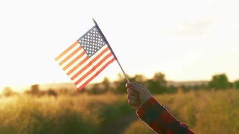 Young woman with american national flag in the sunset Stock Footage