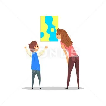 Young woman and boy looking at abstract painting hanging on the wall, gallery of Stock Illustration