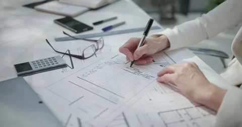 A young woman architect makes notes on invoice at her desk at her work office Stock Footage 257769482