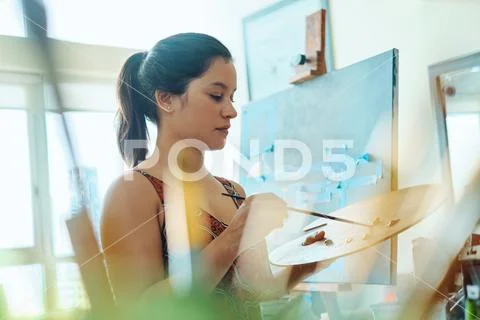 Young Woman As Artist Painting At Home For Art Creativity Stock Photos
