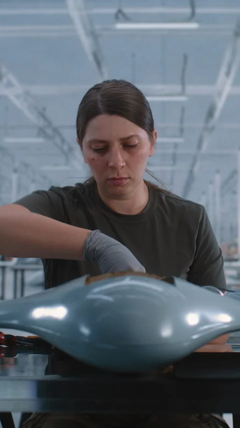 Young Woman Assembling Drone on Modern Production Line in High Tech Factory Video stock 345055396