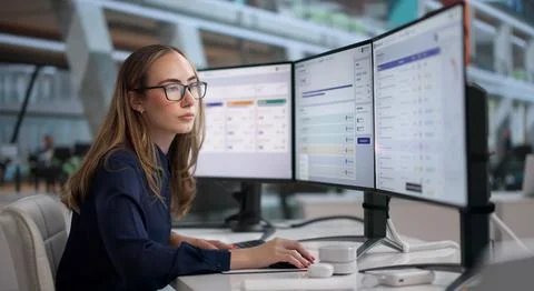 Young Woman Auditor Using Computer To Track Business Risk And Compliance. Foto stock