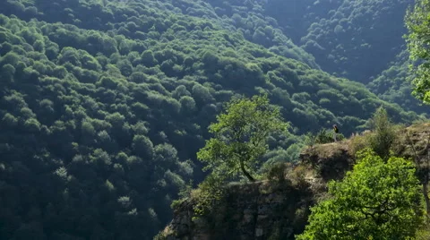 Young woman with backpack standing on cliff's edge with raised hands and looking Stock Footage 54639478