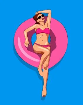 Young woman in a bikini floating on inflatable raft in a pool Stock Illustration