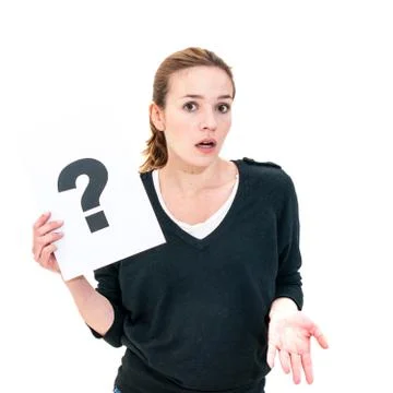 Young woman with board question mark sign Stock Photos