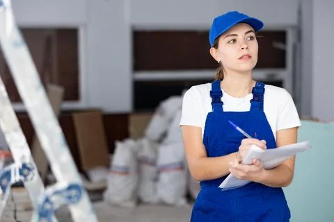 Young woman builder checking documentation in construction site Stock Photos