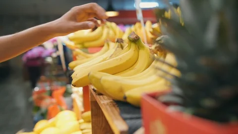 Young Woman Buying Yellow Bananas in Supermarket. Female Hand Taking Bunch of Stock Footage 104071725