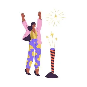 Young Woman Character Setting Off Firework Vector Illustration Stock Illustration