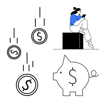Young Woman Checking Tablet with Falling Coins and Piggy Bank Symbolizing F.. Illustrazione stock