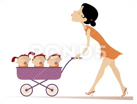 Young woman with children in the stroller illustration Stock Illustrationen