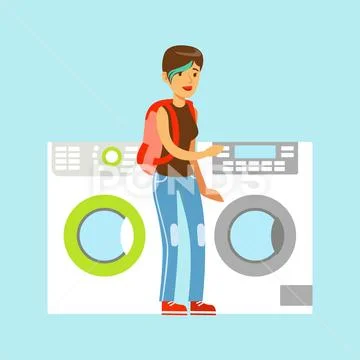 Young woman choosing new clothes washer. Appliance store colorful vector Stock Illustration