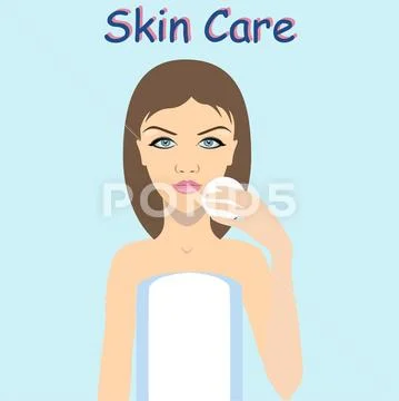 Young woman cleaning and cares her face, vector illustration Stock Illustration