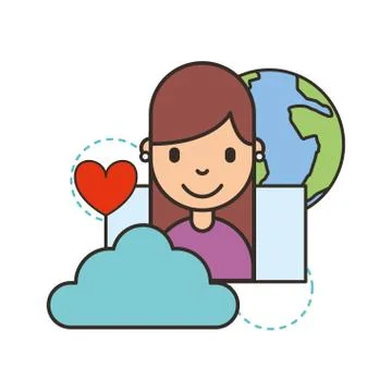 Young woman cloud computing love world social media Stock Illustration