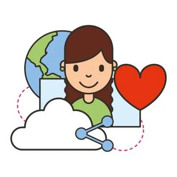 Young woman cloud computing love world social media Illustrazione stock