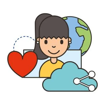 Young woman cloud computing love world social media Illustrazione stock