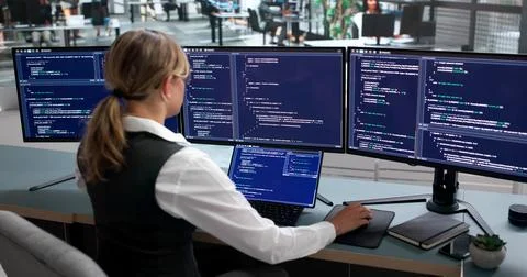 Young Woman Coding Secure Data Systems On Laptop In Modern Office. 库存照片