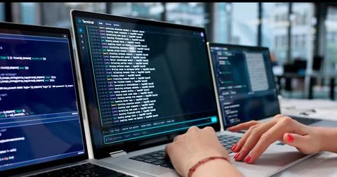 Young Woman Coding Software On Laptop Using Cloud-based IDE Workspace. Stock-Fotos