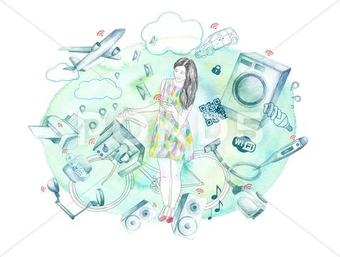 Young woman connected to appliances and technology through Internet of Things Stock Illustration