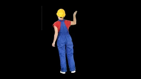 Young woman construction worket doing expressive gestures talking to crawd Stock Footage 102348288