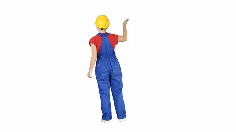 Young woman construction worket doing expressive gestures talking to crawd on Stock Footage 108602018