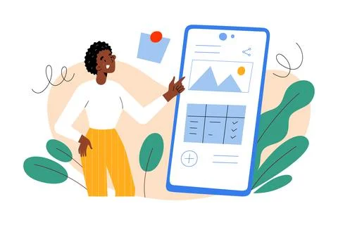 Young woman creating a note in note-taking application on her smartphone, typing Stock Illustration