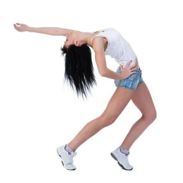 Young woman dancing, isolated in full body on white Stock-Fotos