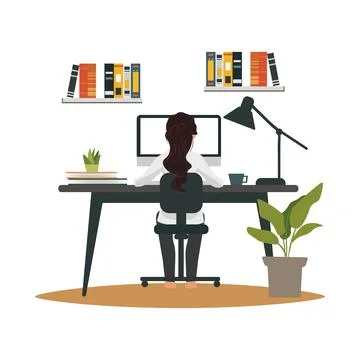 Young woman at the desk, learning with computer. Stock Illustration