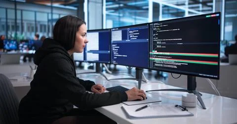 Young Woman Developer Examines Code Changes Using Visual Merge Tool On Comput Stock Photos