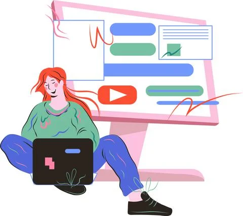 Young woman developer or programmer, seo manager working at laptop, cartoon v Illustration
